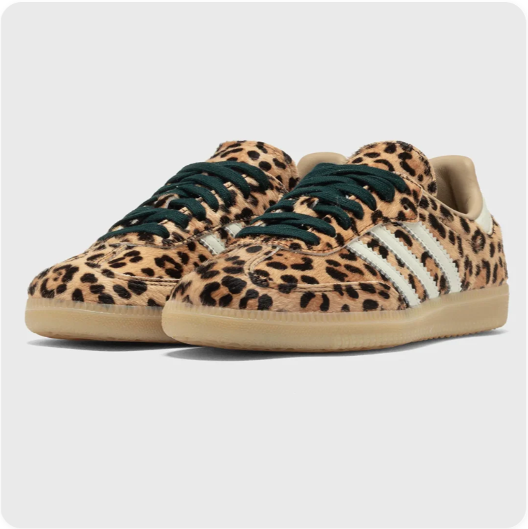 adidas Leopard-Print Low-Top Sneakers – Cream Stripes & Dark Green Laces