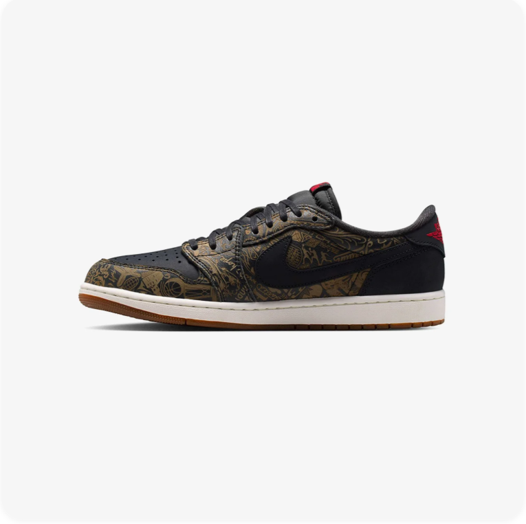 Jordan Low-Top Sneakers – Black & Olive Pattern with Gum Sole