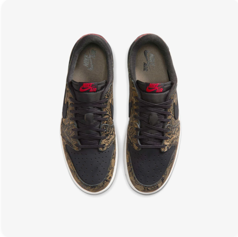 Jordan Low-Top Sneakers – Black & Olive Pattern with Gum Sole