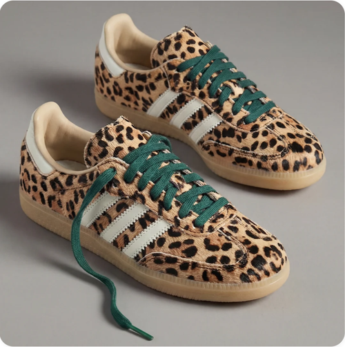 adidas Leopard-Print Low-Top Sneakers – Cream Stripes & Dark Green Laces
