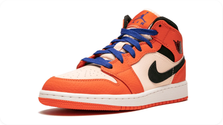 Air Jordan 1 Mid Sneakers – Orange & Cream with Blue Laces