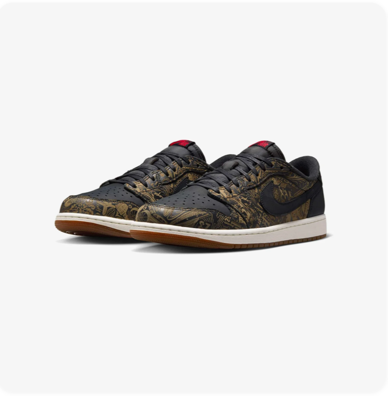 Jordan Low-Top Sneakers – Black & Olive Pattern with Gum Sole