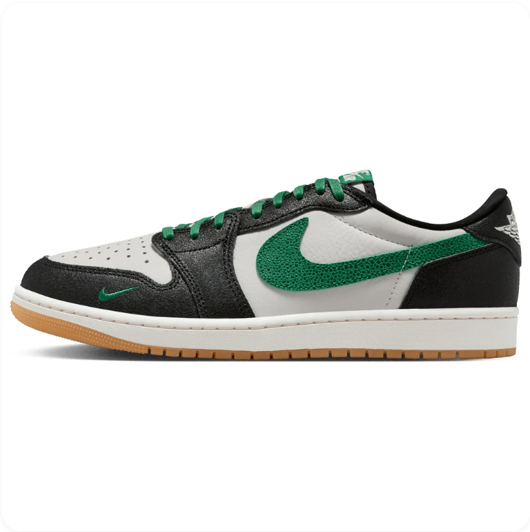 Jordan Low-Top Sneakers – Black, White & Green with Gum Sole