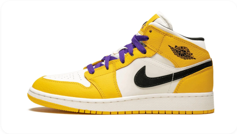 Air Jordan 1 Mid Sneakers – Yellow & White with Purple Laces