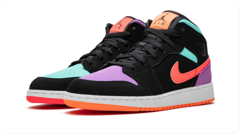 Air Jordan 1 Mid Sneakers – Black with Purple, Mint & Coral Accents