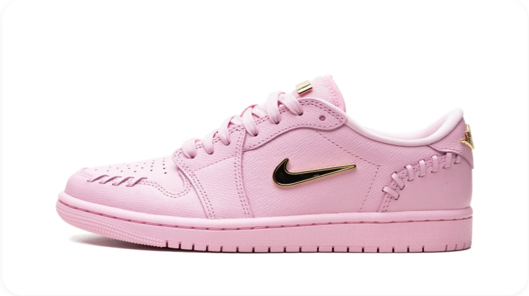 Air Jordan 1 Low Sneakers – Pastel Pink with Gold-Tone Swoosh