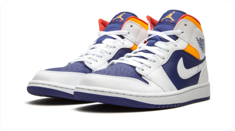 Air Jordan 1 Mid Sneakers – White & Navy with Orange Accents