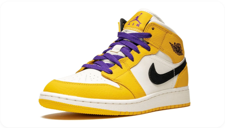 Air Jordan 1 Mid Sneakers – Yellow & White with Purple Laces