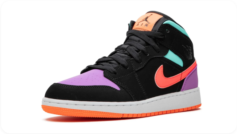 Air Jordan 1 Mid Sneakers – Black with Purple, Mint & Coral Accents