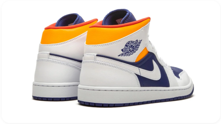 Air Jordan 1 Mid Sneakers – White & Navy with Orange Accents