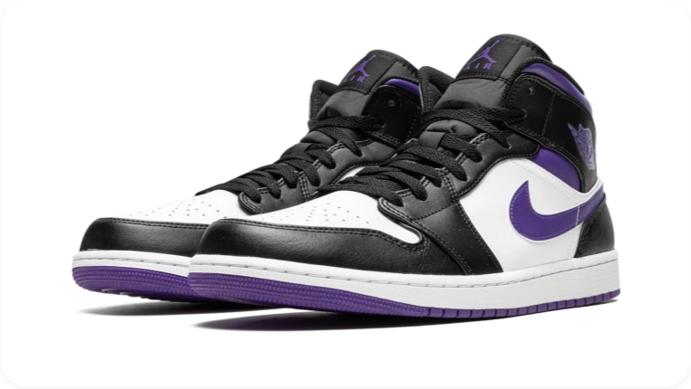 Air Jordan 1 Mid Sneakers – Black & White with Purple Accents