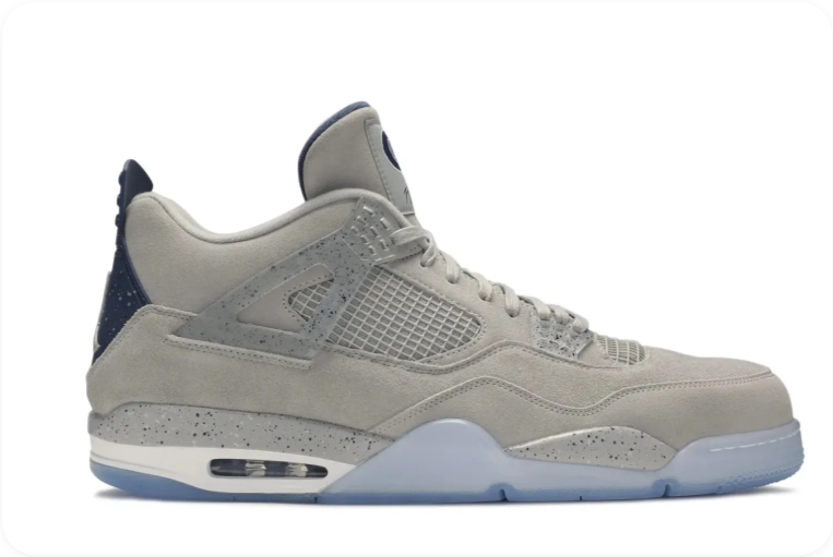 Air Jordan 4 Sneakers – Light Grey with Speckled Accents & Icy Blue Sole