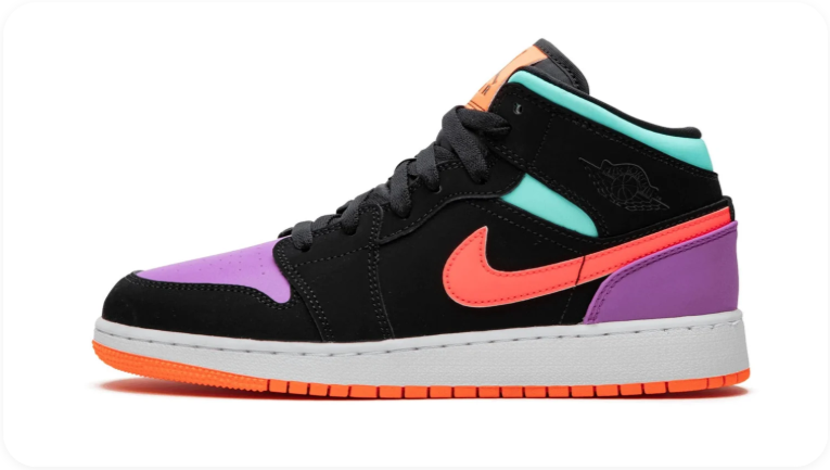 Air Jordan 1 Mid Sneakers – Black with Purple, Mint & Coral Accents
