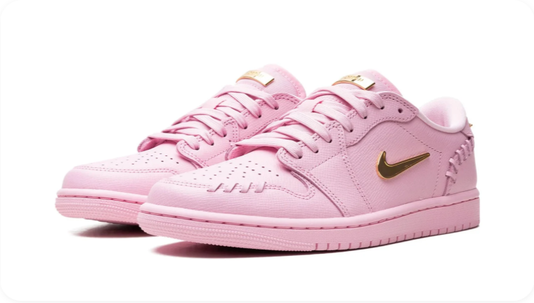 Air Jordan 1 Low Sneakers – Pastel Pink with Gold-Tone Swoosh