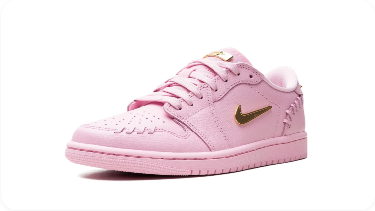 Air Jordan 1 Low Sneakers – Pastel Pink with Gold-Tone Swoosh