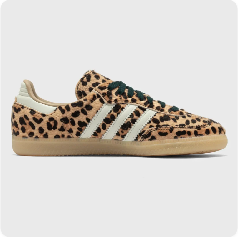 adidas Leopard-Print Low-Top Sneakers – Cream Stripes & Dark Green Laces