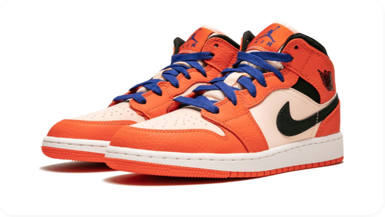 Air Jordan 1 Mid Sneakers – Orange & Cream with Blue Laces