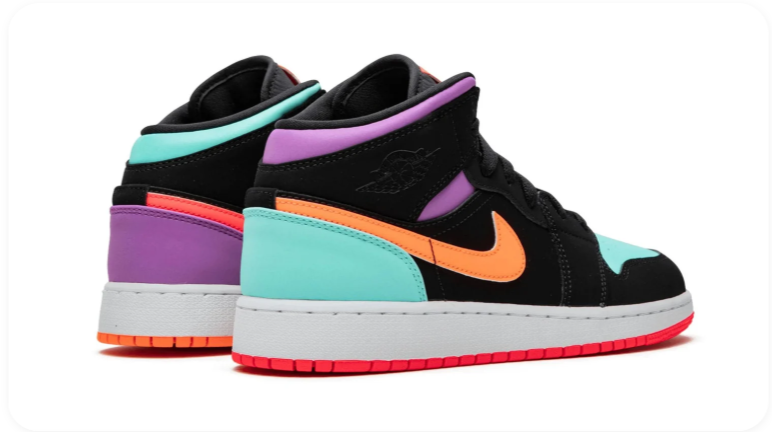 Air Jordan 1 Mid Sneakers – Black with Purple, Mint & Coral Accents