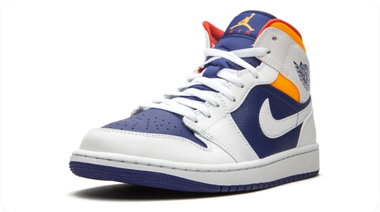 Air Jordan 1 Mid Sneakers – White & Navy with Orange Accents
