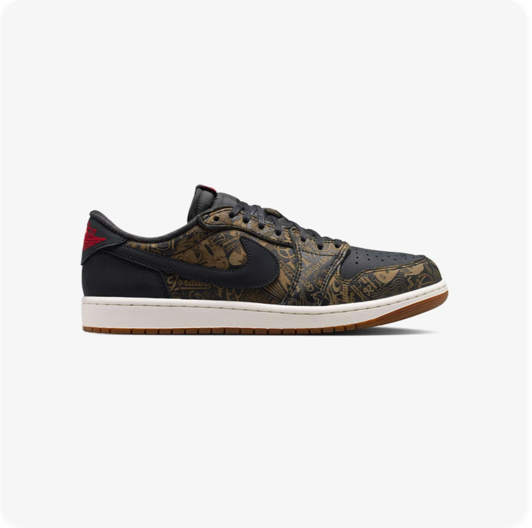 Jordan Low-Top Sneakers – Black & Olive Pattern with Gum Sole