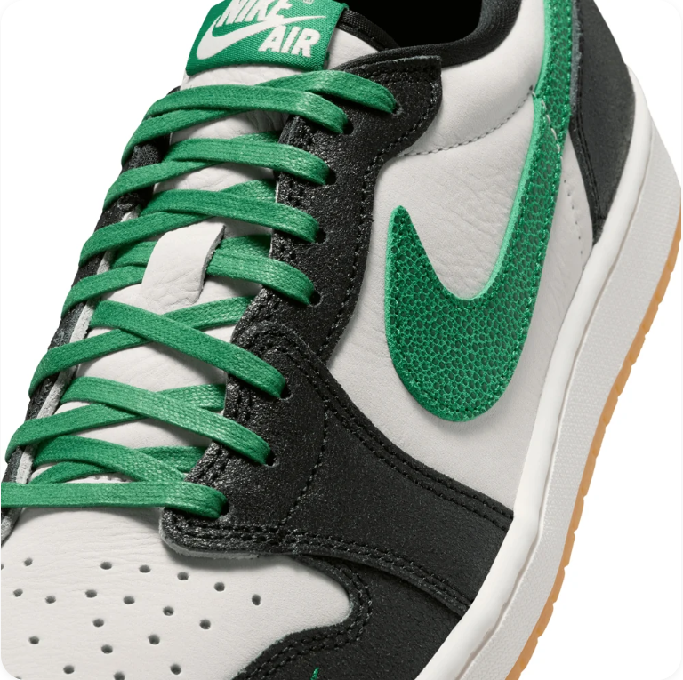 Jordan Low-Top Sneakers – Black, White & Green with Gum Sole