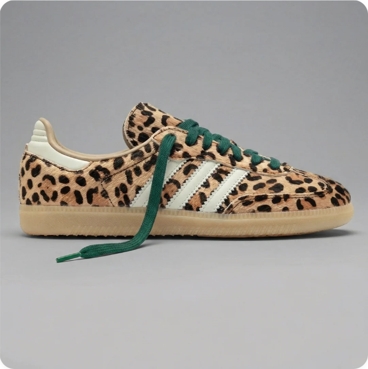adidas Leopard-Print Low-Top Sneakers – Cream Stripes & Dark Green Laces